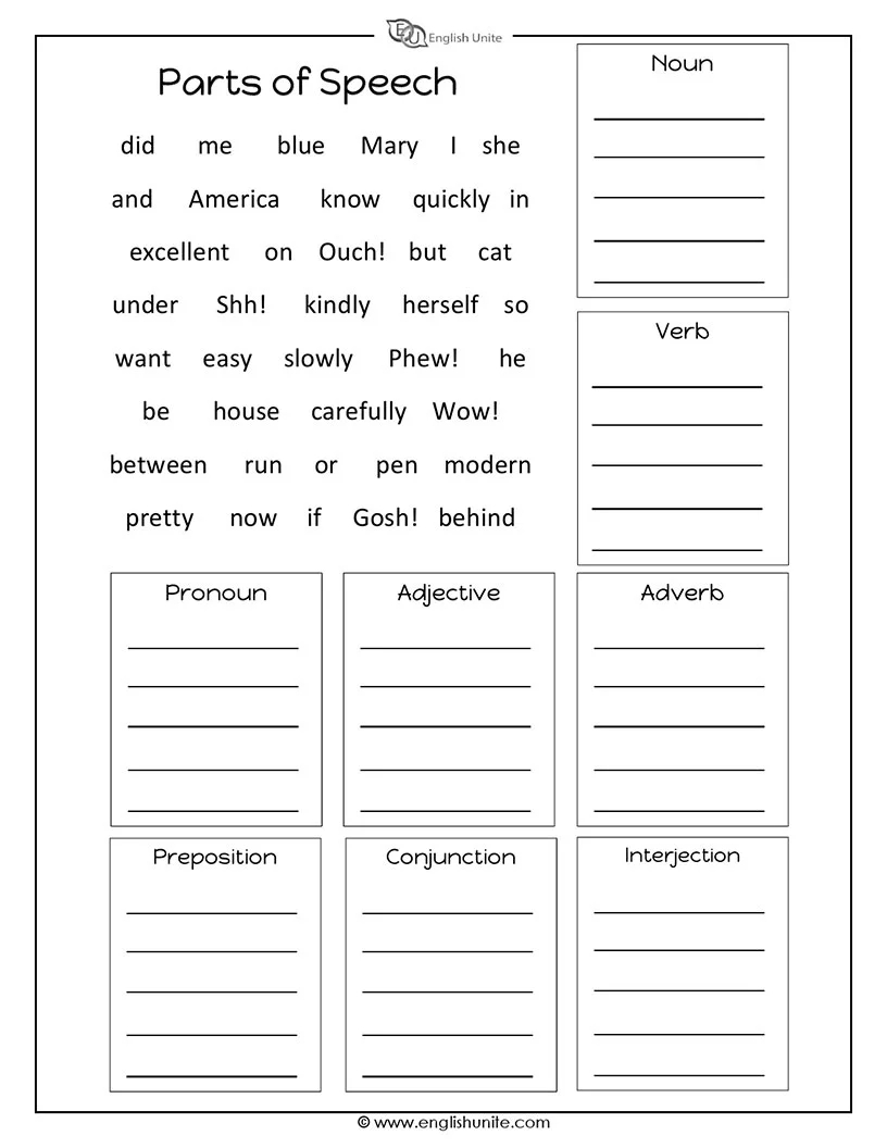 English Unite Parts Of Speech Worksheet