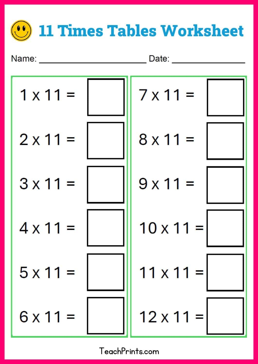 Free 11 Times Tables Worksheets 8 Versions Teach Prints