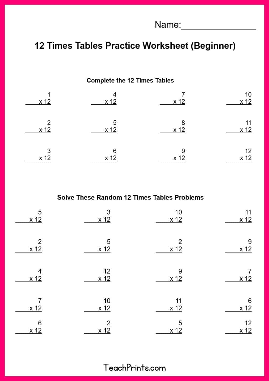 Free 12 Times Tables Worksheets 8 Versions Teach Prints