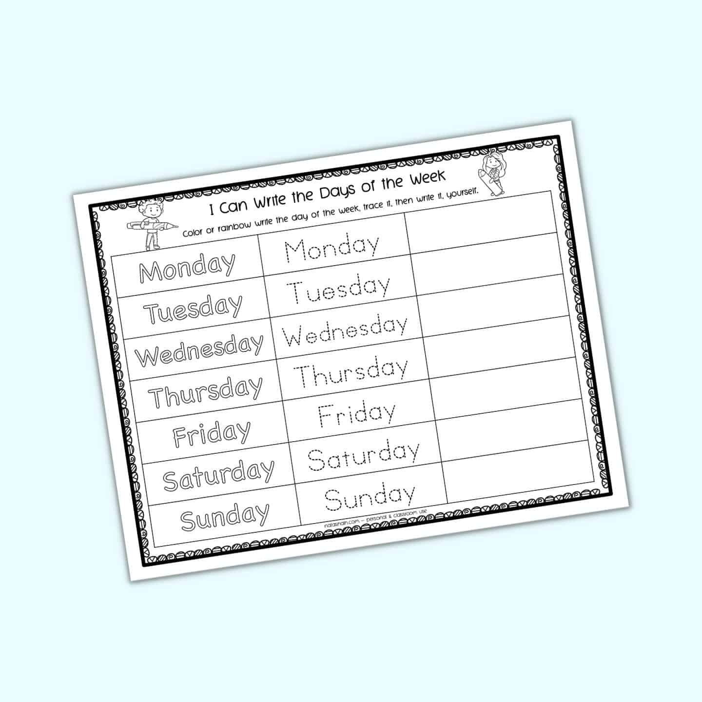 Free Printable Days Of The Week Tracing Worksheet The Artisan Life Free Printable Days Of The Week Tracing Worksheet The Artisan Life
