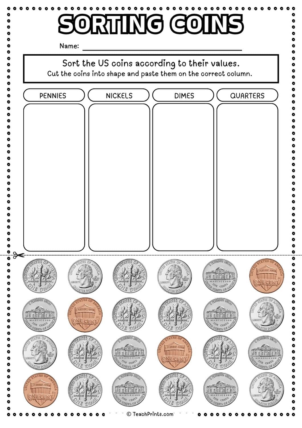 Free Sorting Coins Worksheets Teach Prints