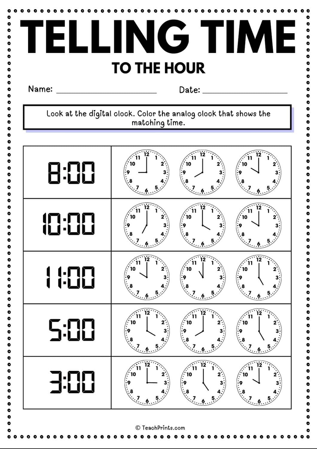 Free Telling Time To The Hour Worksheets Teach Prints