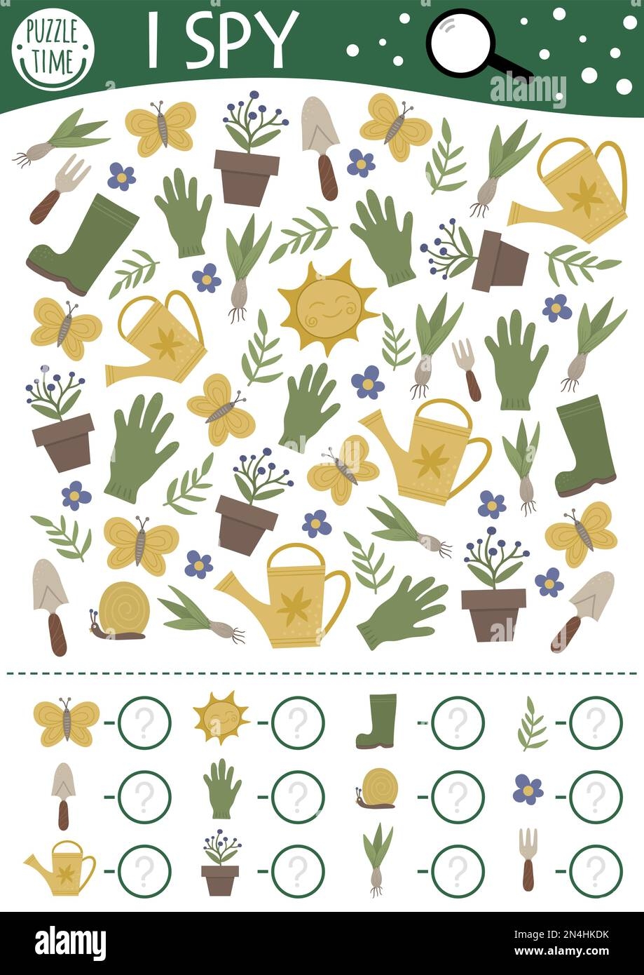 Garden I Spy Game For Kids Searching And Counting Activity For Preschool Children With Tools Baby Plants Funny Spring Printable Worksheet For Kids Stock Vector Image Art Alamy