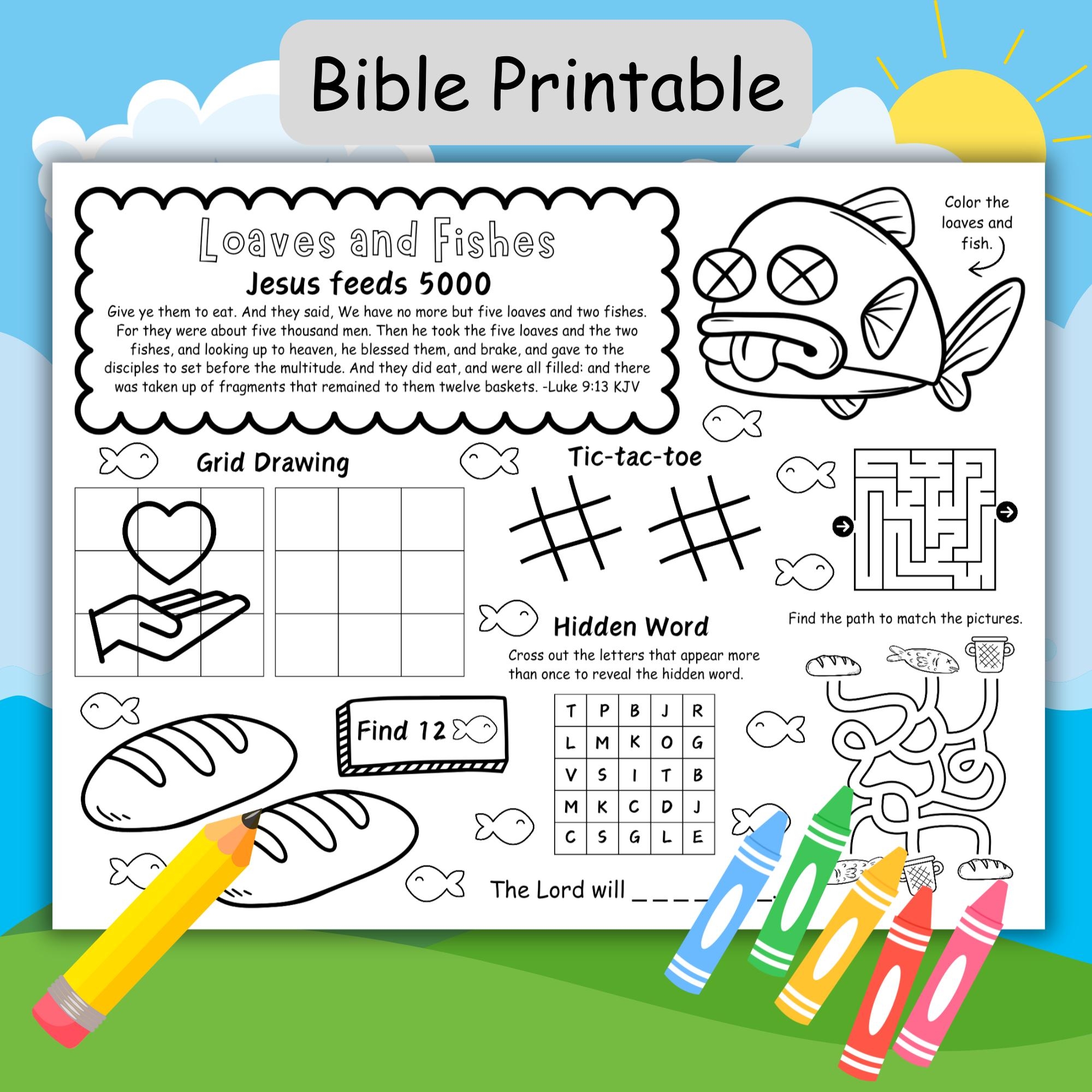 Jesus Feeds 5000 Activity Sheet Printable Bible Story Coloring Activity Page Loaves And Fishes Activity Placemat Sunday School Activity Etsy