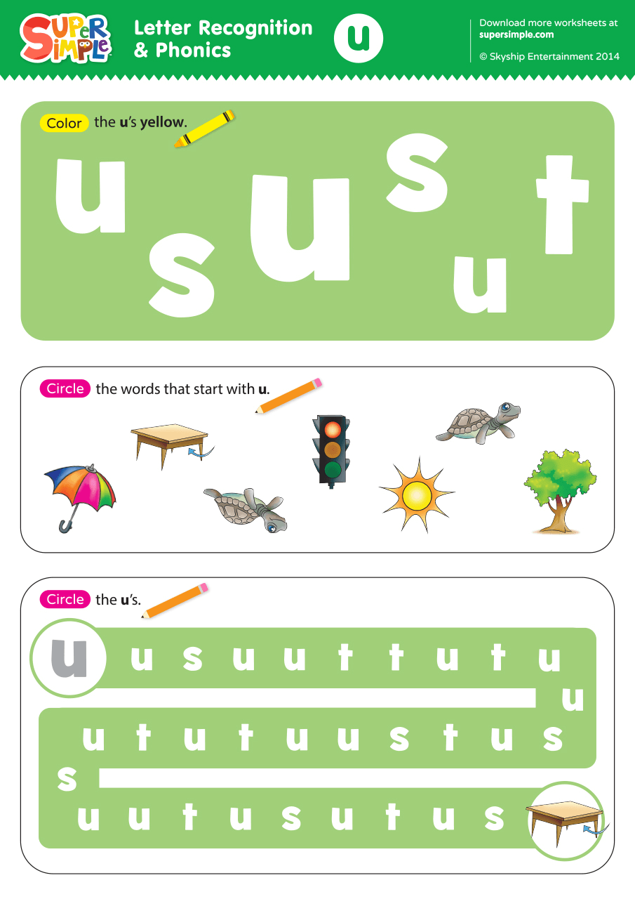 Letter Recognition Phonics Worksheet U lowercase Super Simple
