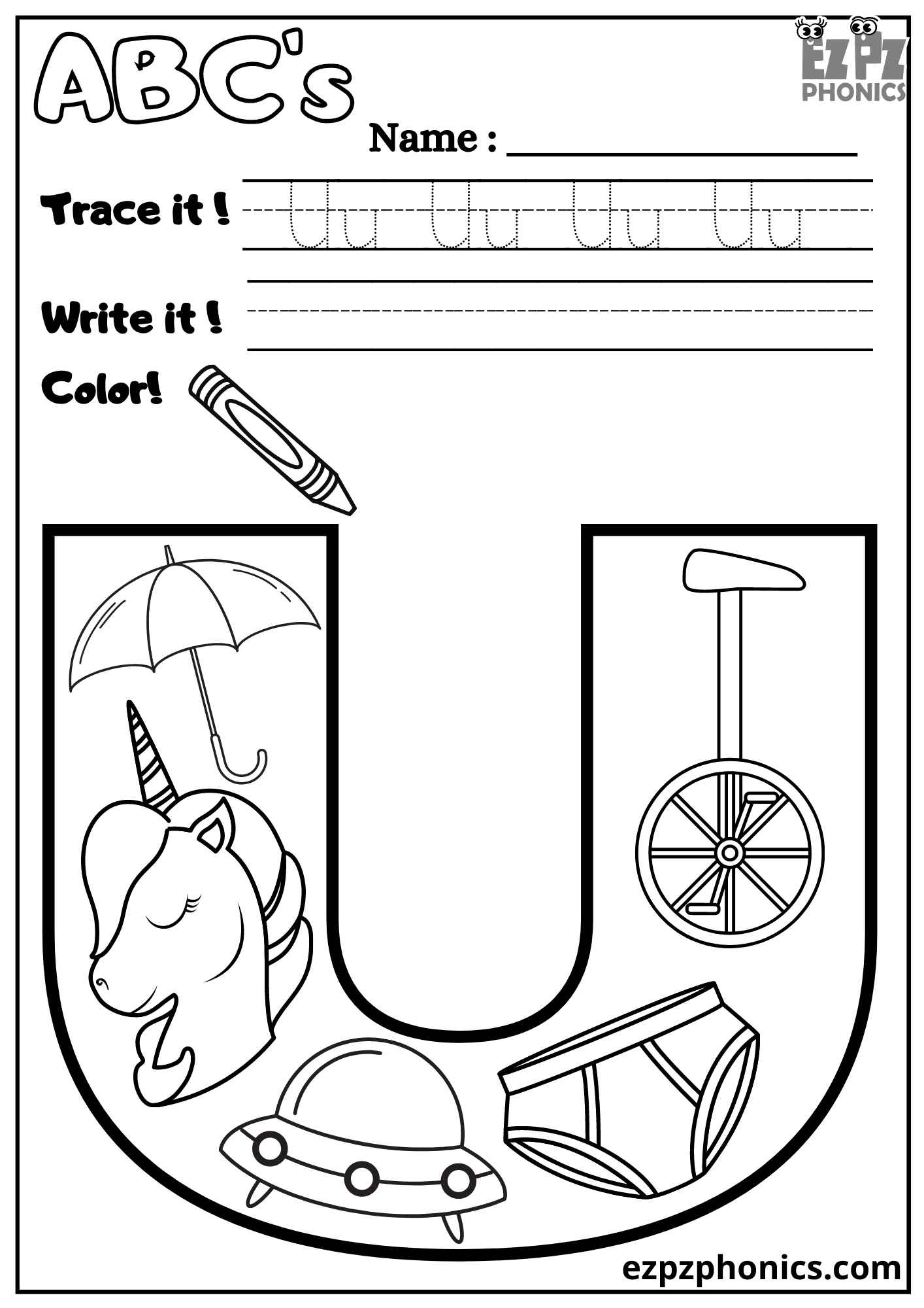 Letter U Trace Write And Color Ezpzphonics