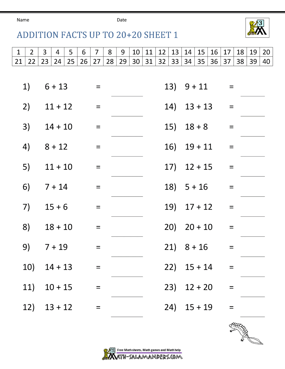 Math Addition Facts To 20