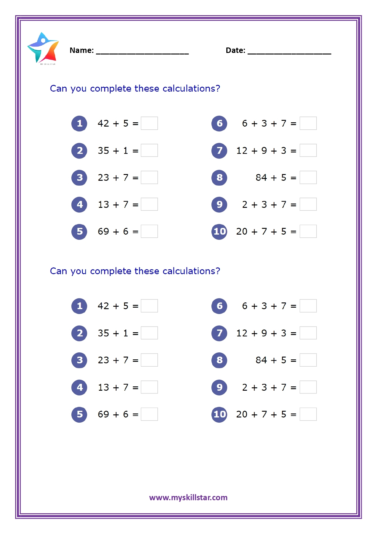 Math Worksheets For Grade 3 My Skill Star