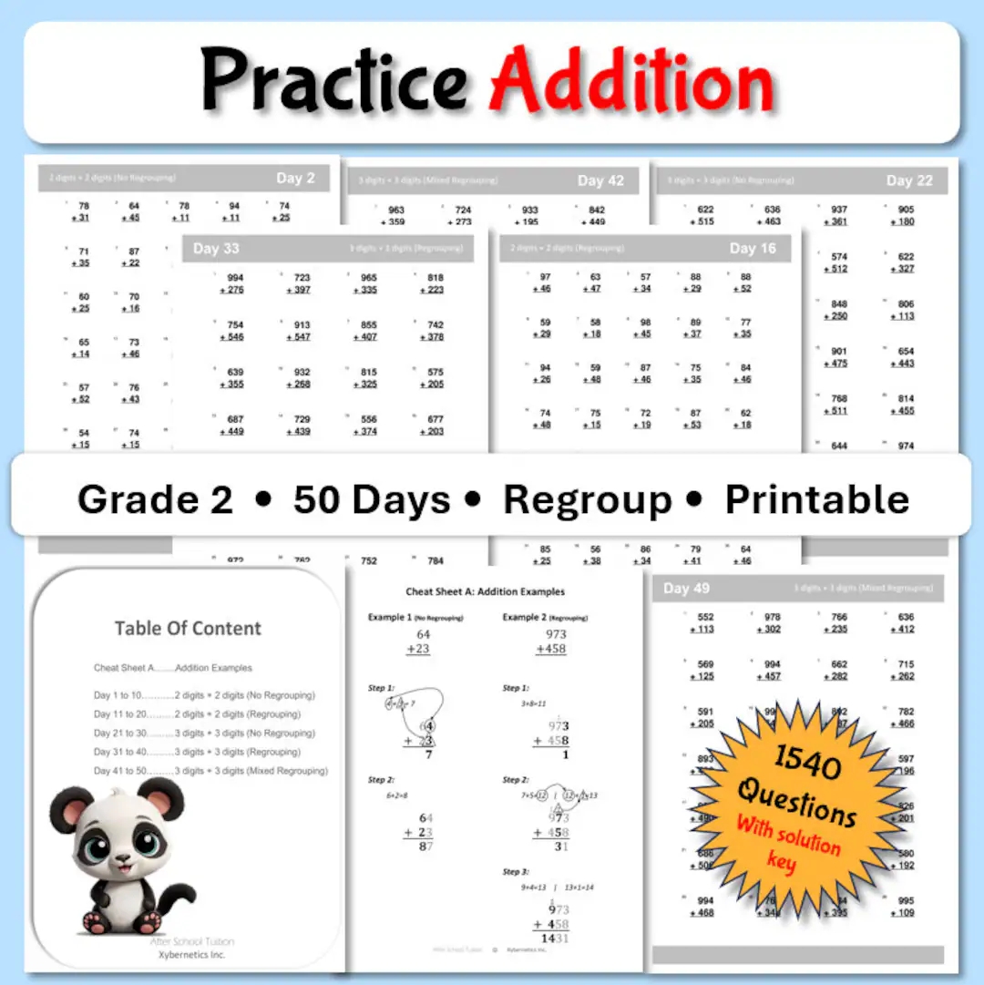Math Worksheets Printable Instant Download Addition 2 Digits 3 Digits Regrouping No Regrouping Etsy