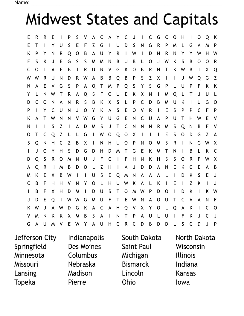 Midwest States And Capitals Word Search WordMint