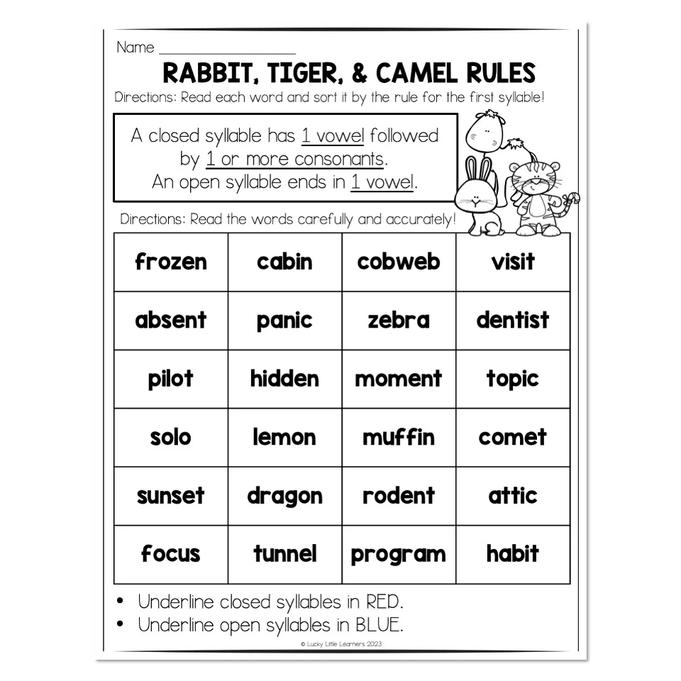 Multisyllable Words Book Rabbit Tiger And Camel Rules Closed And Open Syllables Reading And Coloring Lucky Little Learners