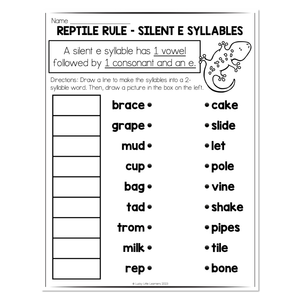 Multisyllable Words Book Reptile Rule Silent E Syllable Matching Lucky Little Learners