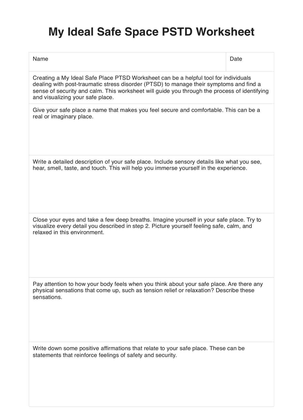 My Ideal Safe Place PTSD Worksheet Example Free PDF Download