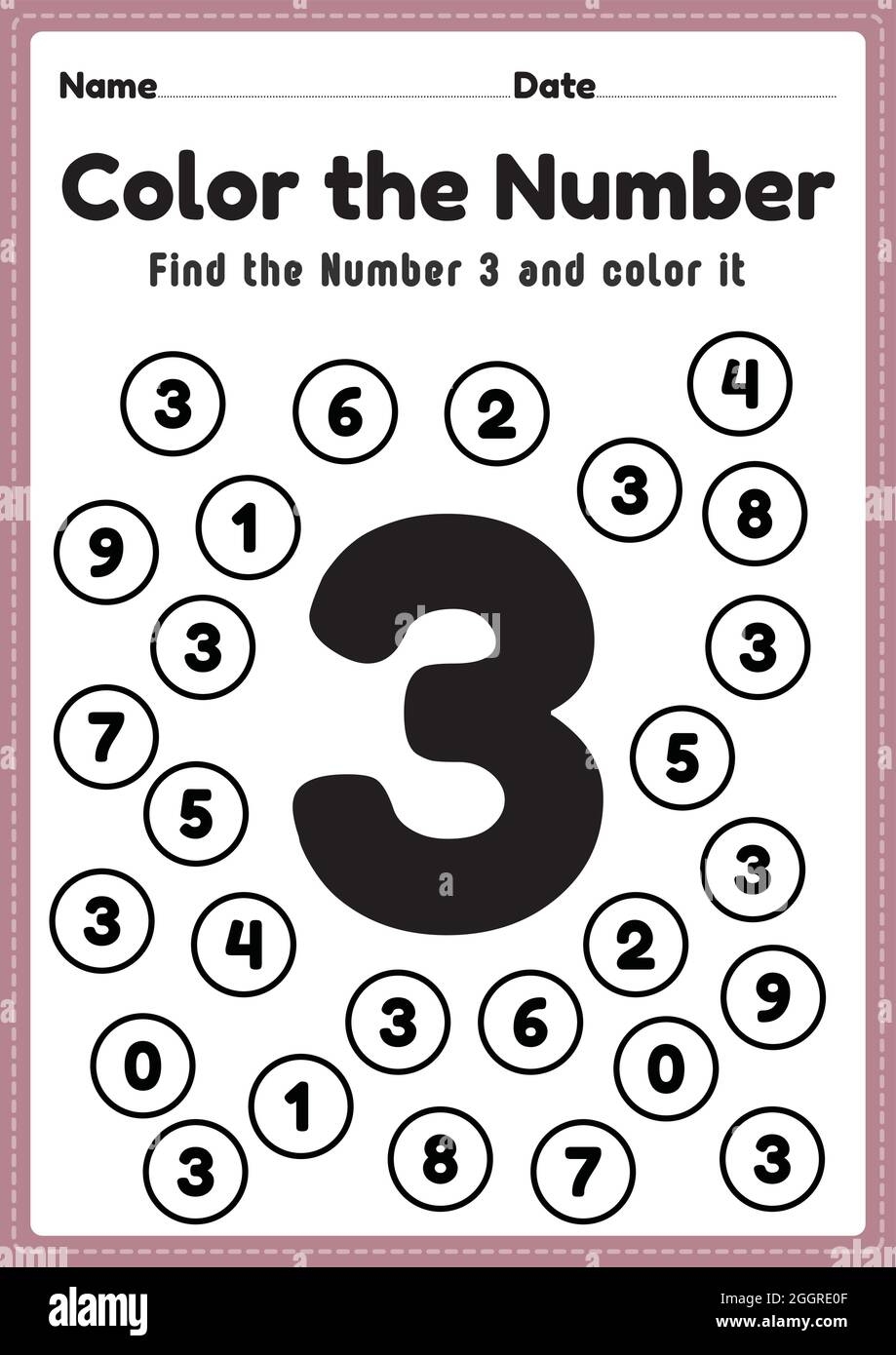 Number Worksheet Number 3 Worksheet Math Coloring Activities For Preschool And Kindergarten Kids To Learn Basic Mathematics Skills In A Printable Pag Stock Vector Image Art Alamy