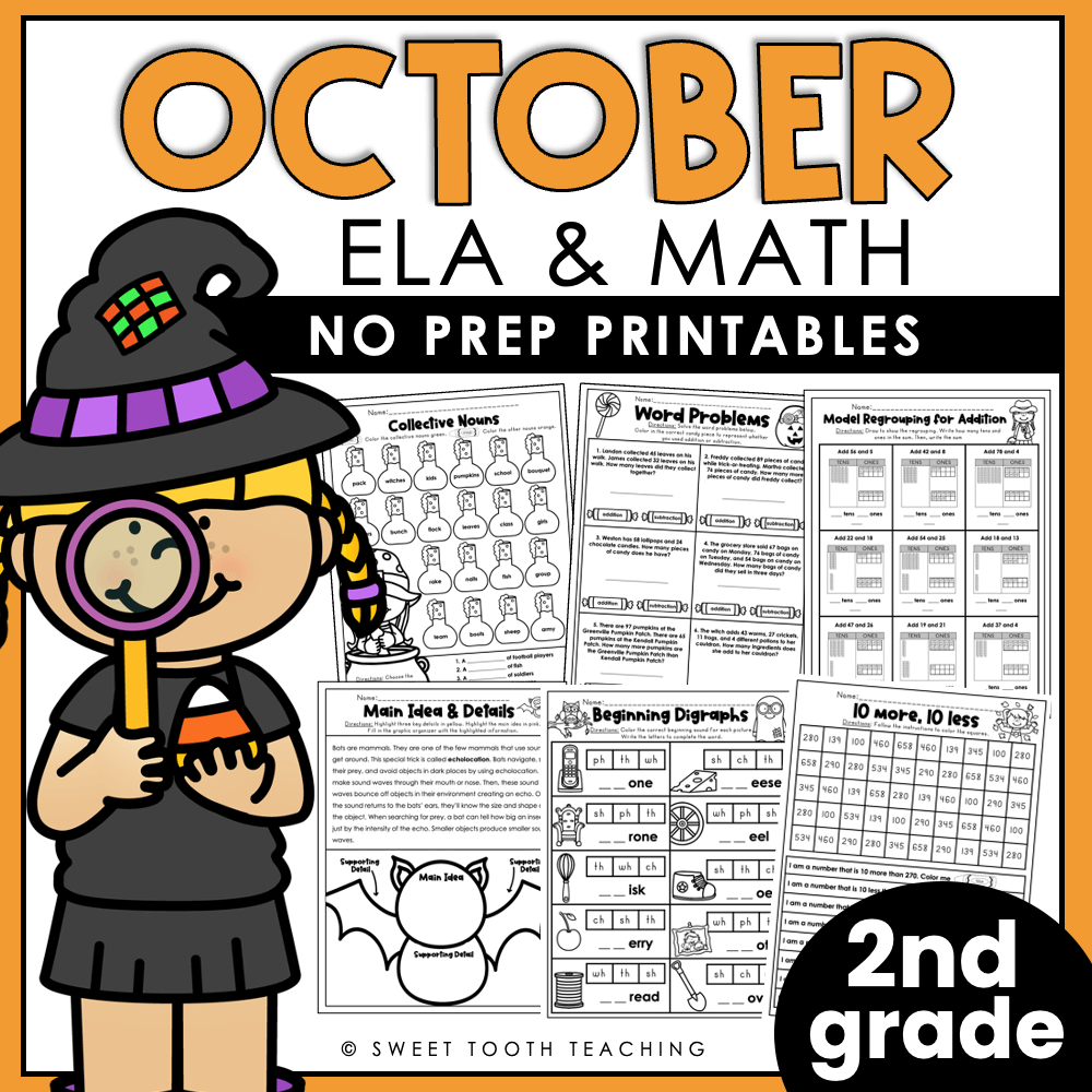 October Printables Second Grade Review Worksheets ELA Grammar Reading Math Shop Sweet Tooth Teaching