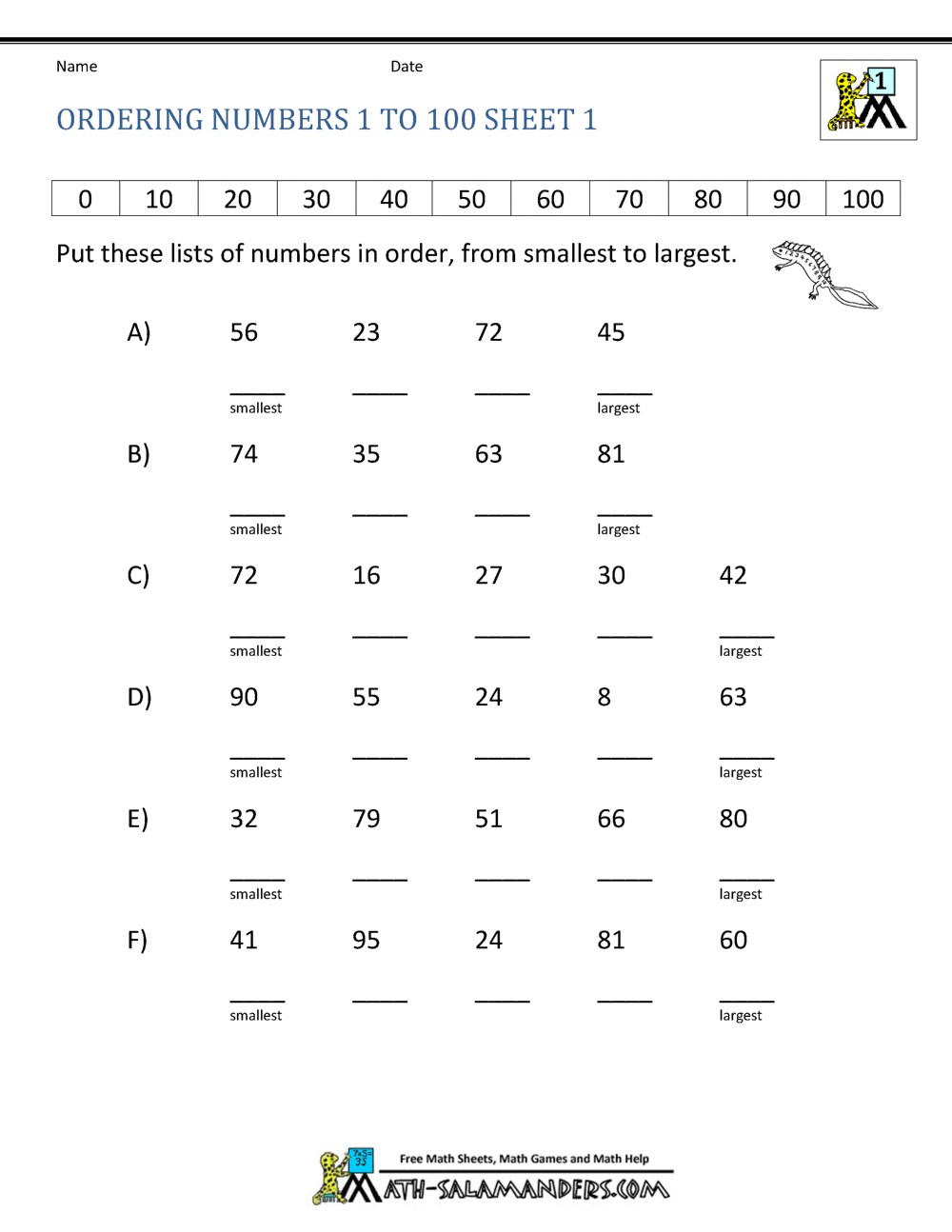 Numbers 1-100 Printable Worksheets