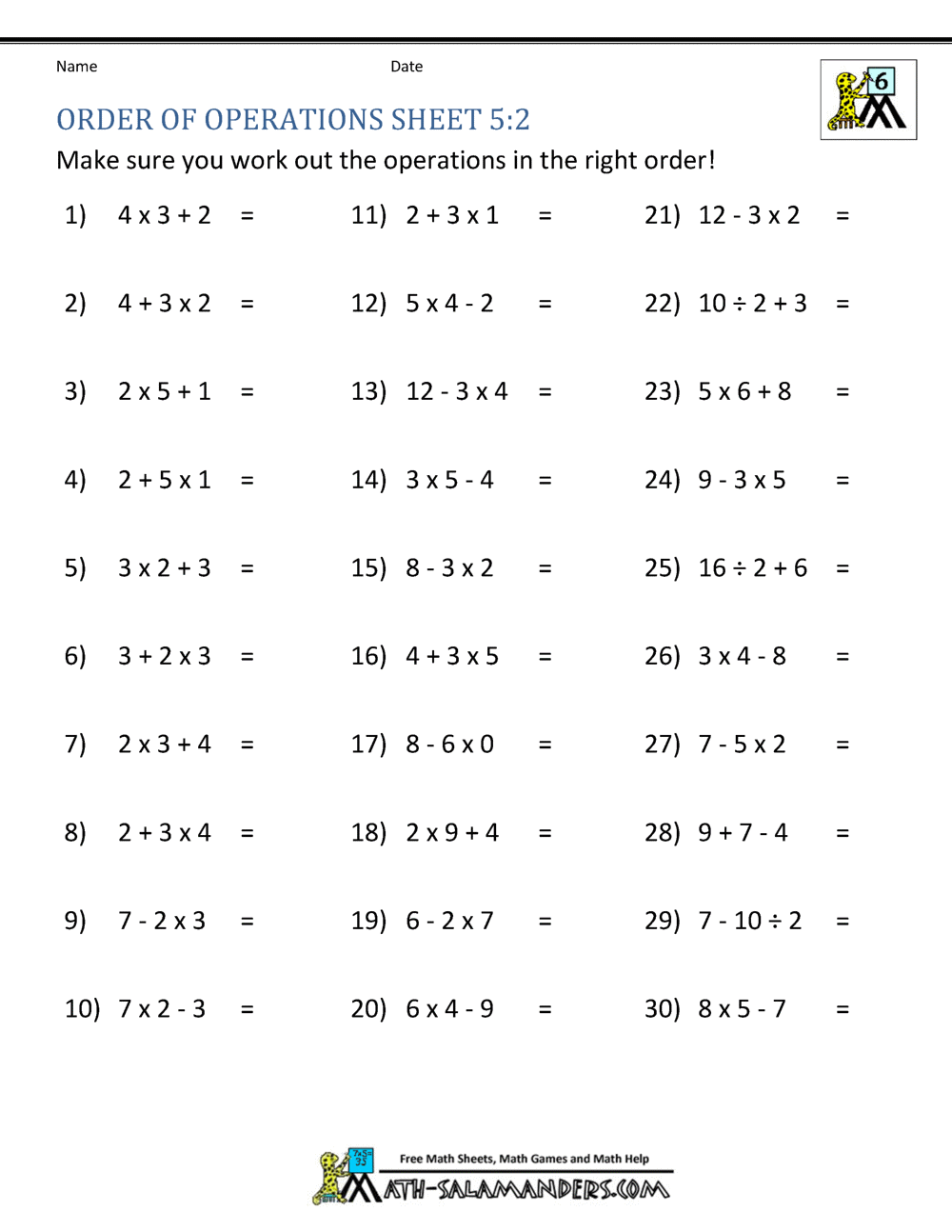 PEMDAS Problems Worksheets 5th Grade