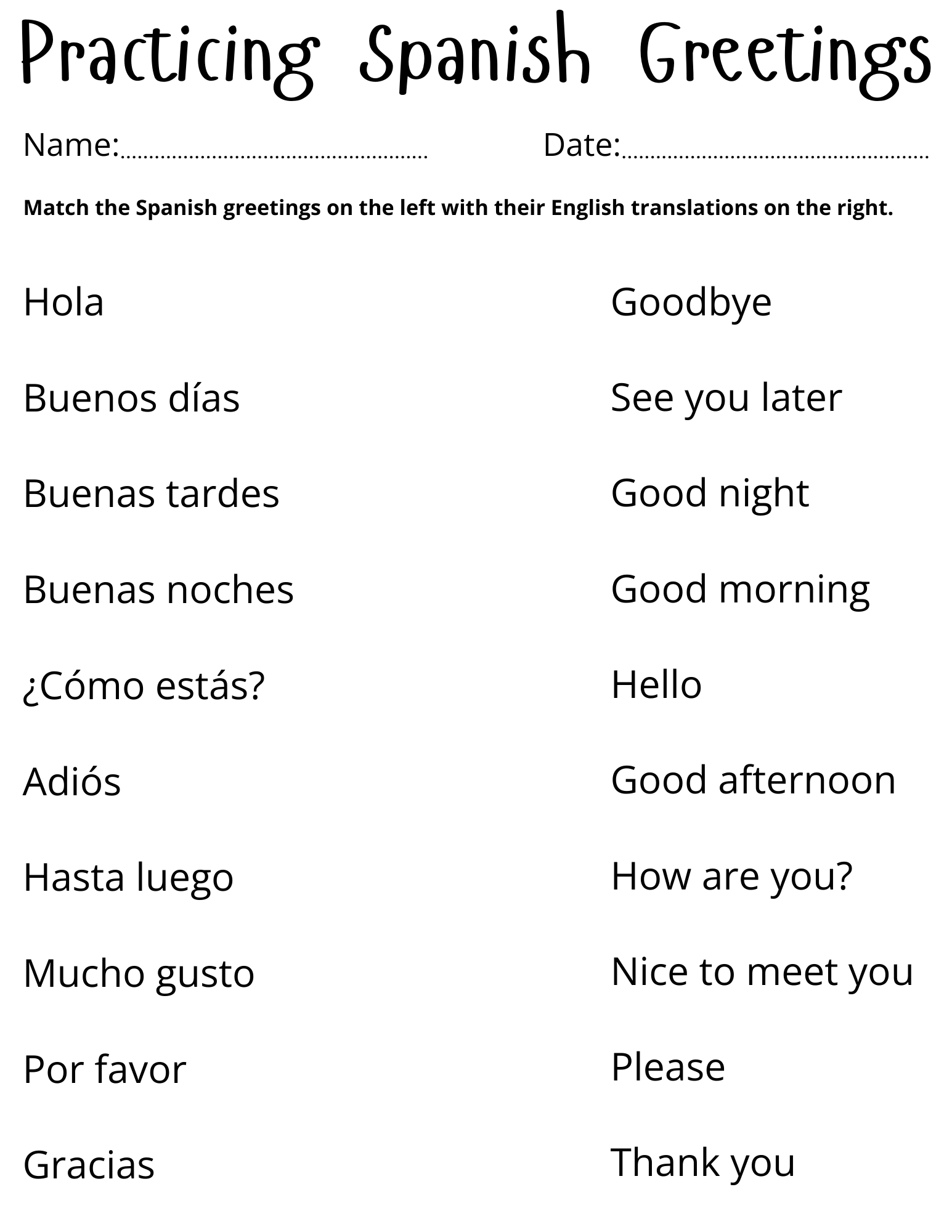 Beginner Spanish To English Worksheets Printables
