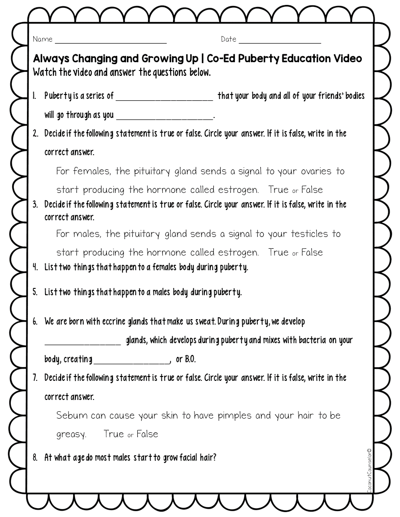 Free Printable Puberty Activity Worksheets