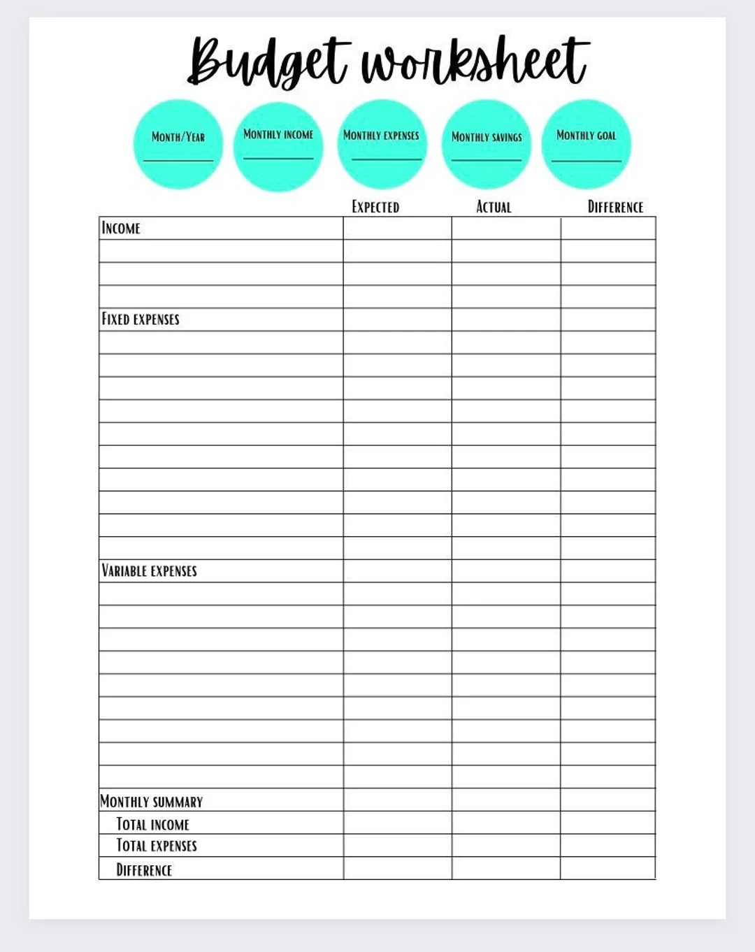 Simple Budget Worksheet Etsy