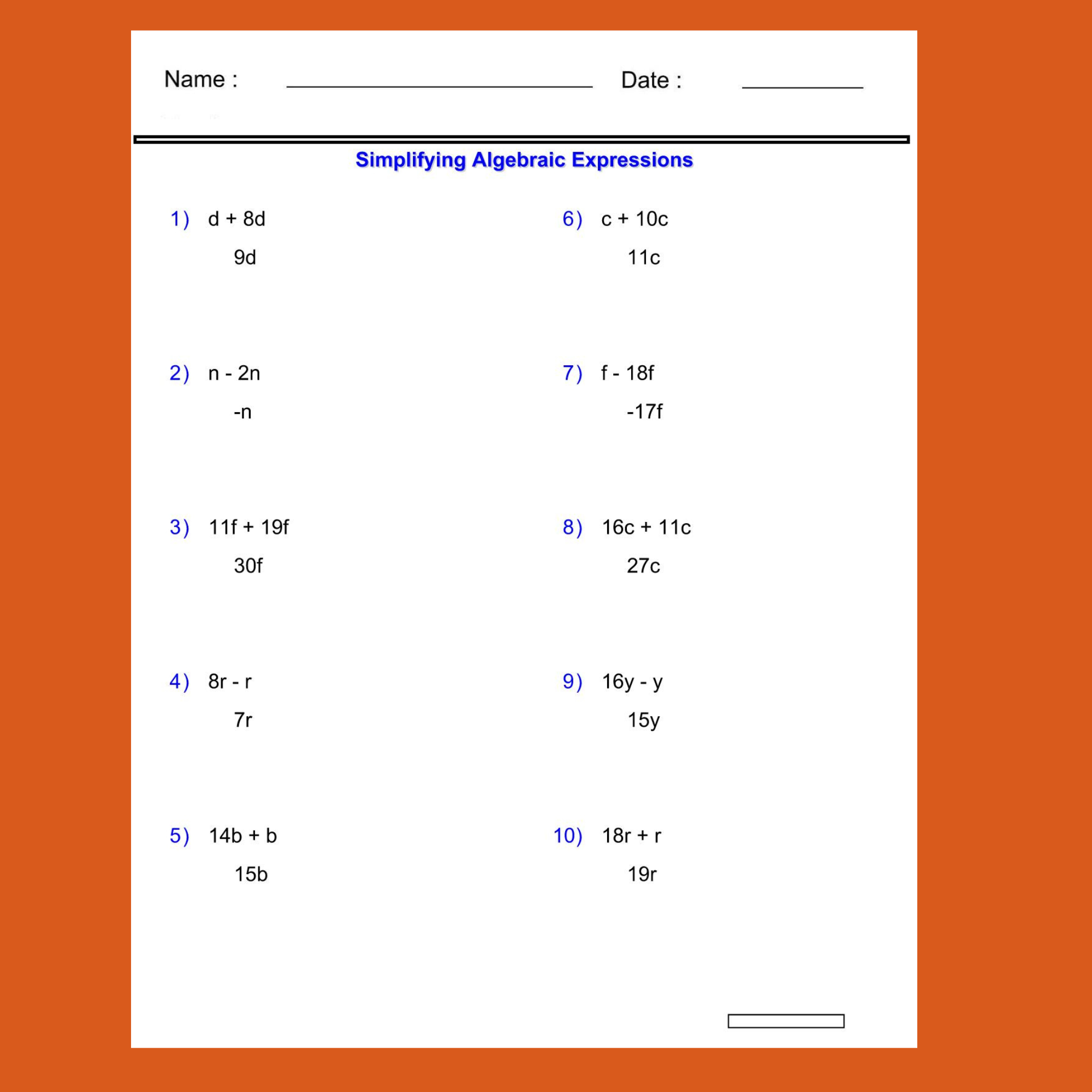 Algebra Worksheets Printable