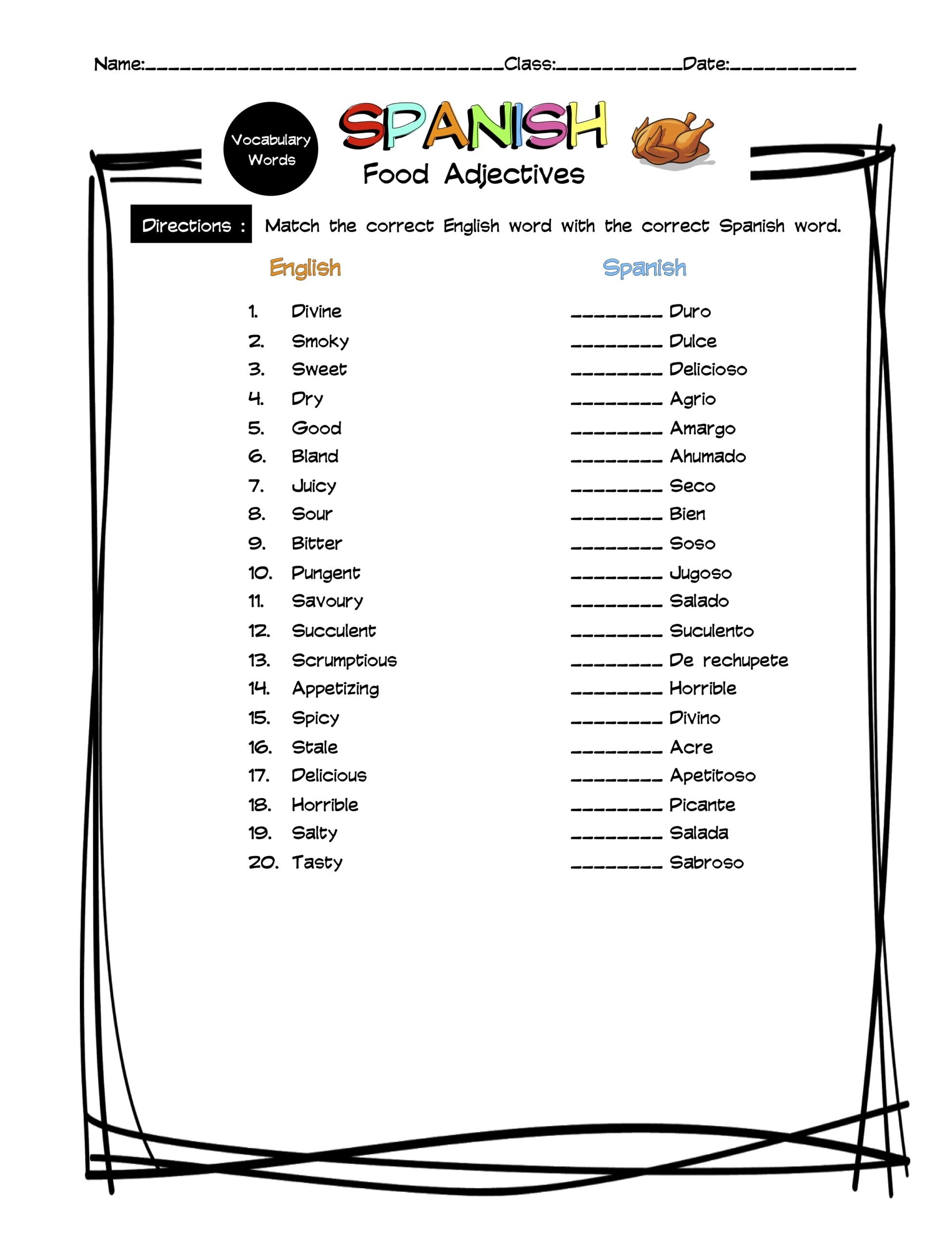 Spanish Food Adjectives Vocabulary Matching Worksheet U0026 Answer Key Made By Teachers