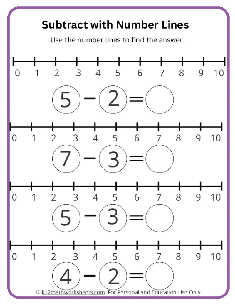Subtract With Number Lines K12 Math Worksheets