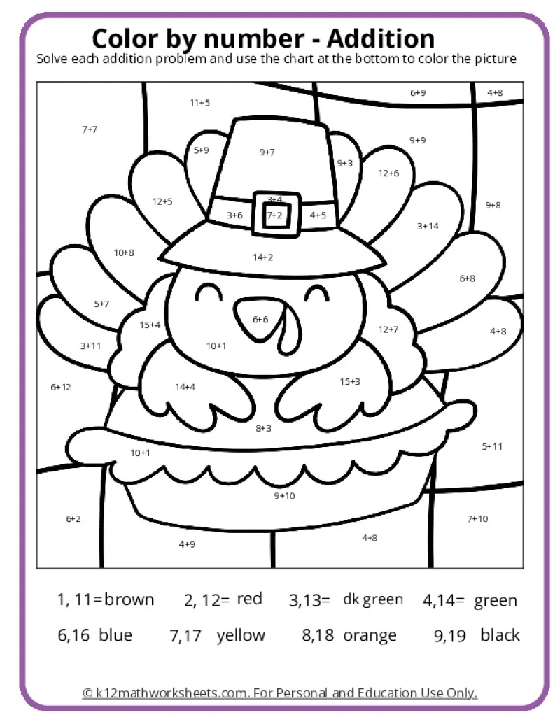 Thanksgiving Color By Number Pages K12 Math Worksheets Thanksgiving Color By Number Pages K12 Math Worksheets