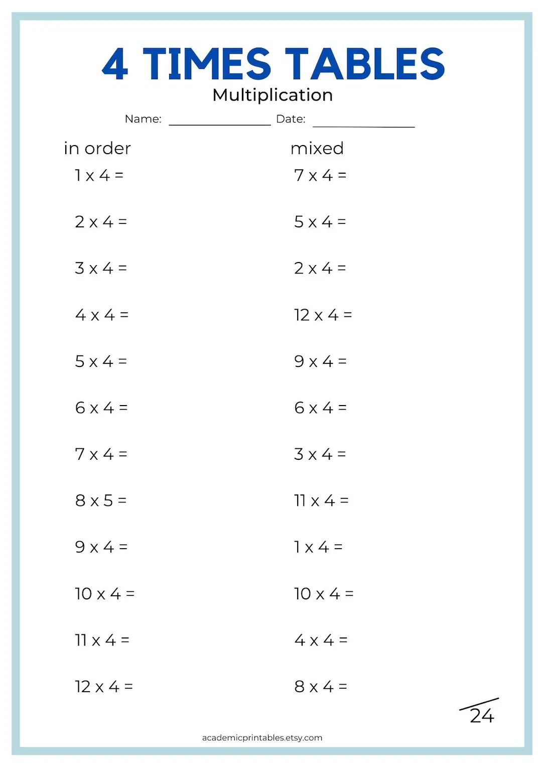 Times Tables 1-12 Printable Worksheets
