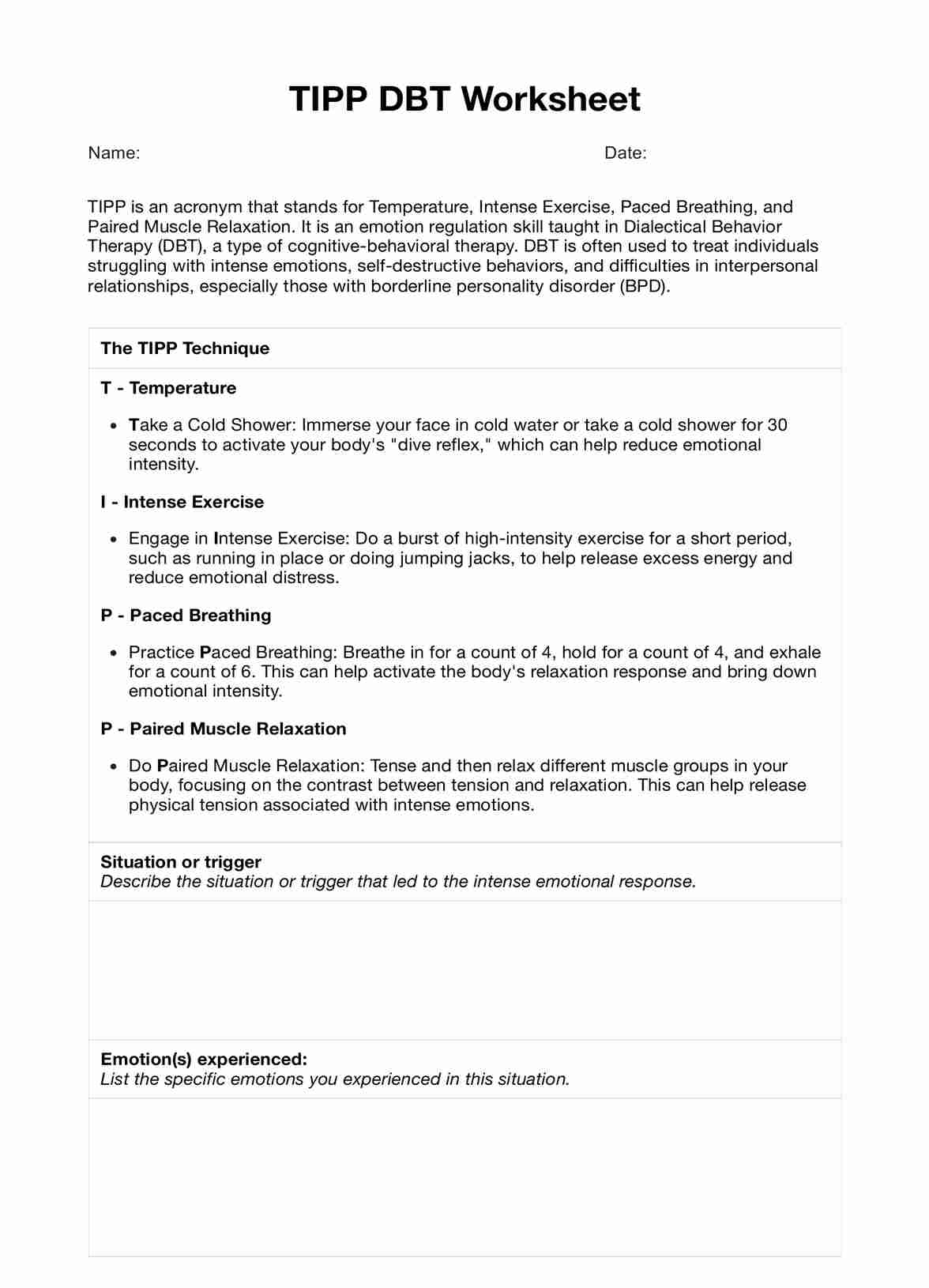TIPP DBT Worksheet Example Free PDF Download